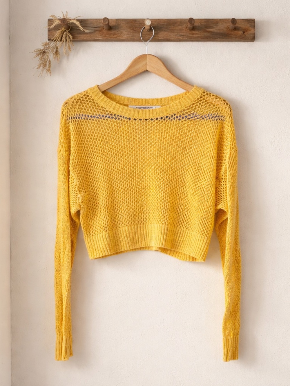 Double Zero Yellow Open-Weave Cropped Sweater